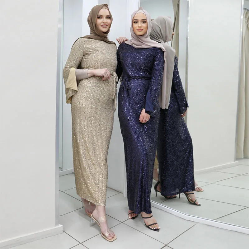 

Women Long Dress New Middle East Muslim Fashion Sequins Solid Color Tied Long Sleeve Dress Abaya High Waist