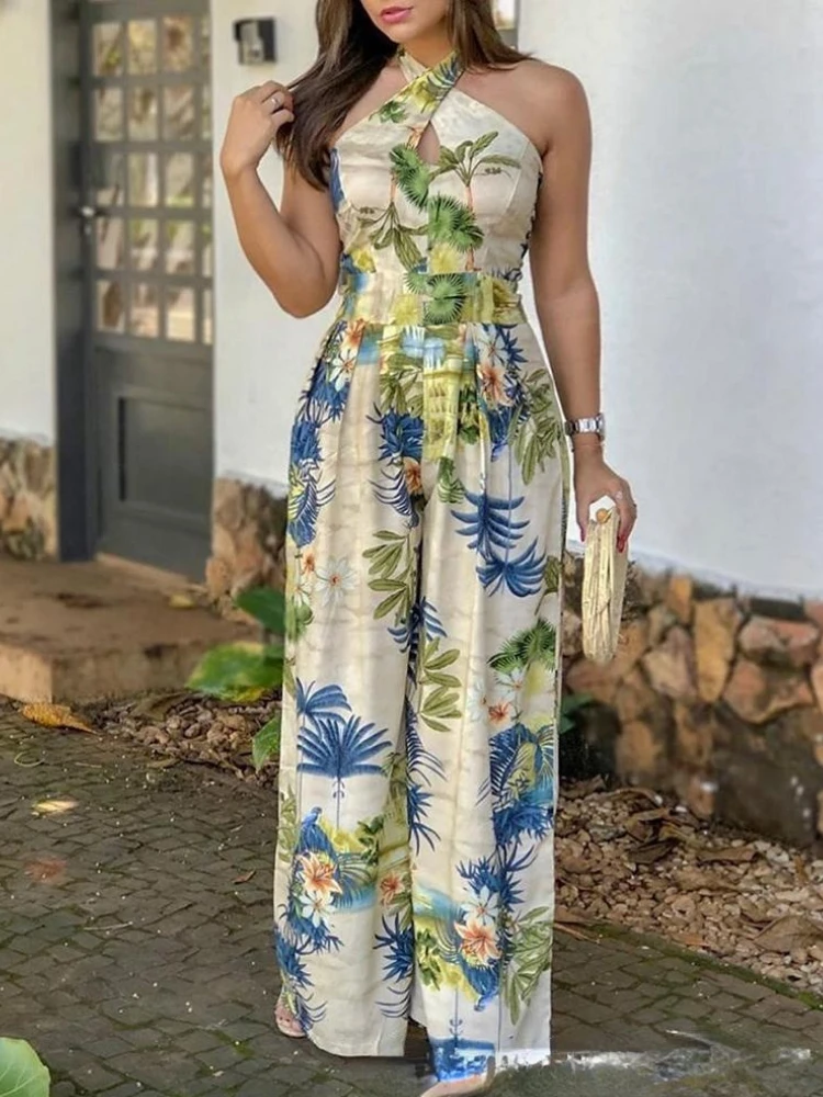 

Summer Cross Halter Print Jumpsuit Women's Sexy Tropical Print V-Neck Sleeveless Long Jumpsuit Wide Leg Pants Casual Workwear