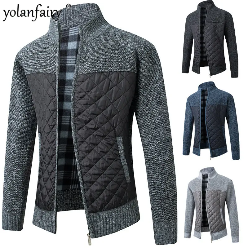 

Knitted Sweater Men Clothes Winter New Cardigan Male Top Jacket Plush Thick Fashion Mock Collar Men's Clothing Cardigans Warm FC