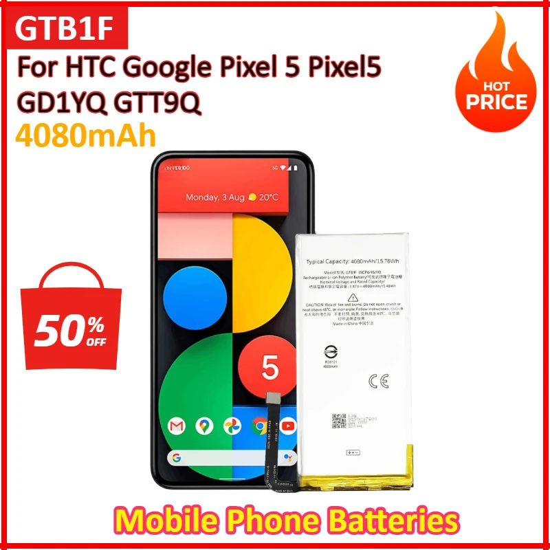 GTB1F 4080 мАч Pixel 5 Сменный аккумулятор для HTC Google Pixel5 GD1YQ GTT9Q Аккумуляторы смартфонов в