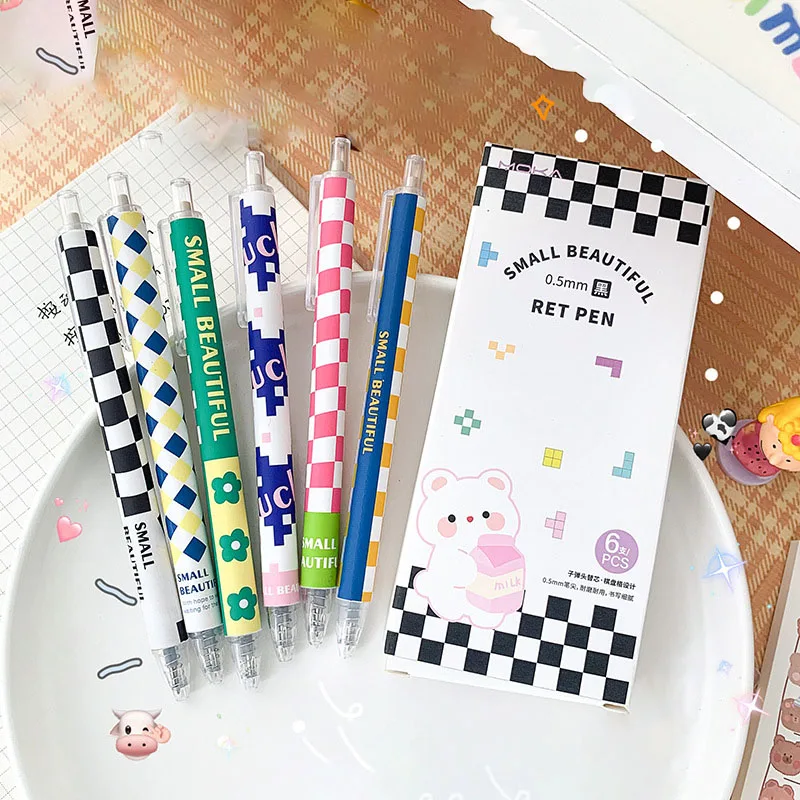 

6Pc/Lot Kawaii Gel Pen Set Cute Checkerboard Ballpoint Pens Pучки 0.5mm Black Ink Cartoon School Student Stationery Supplies