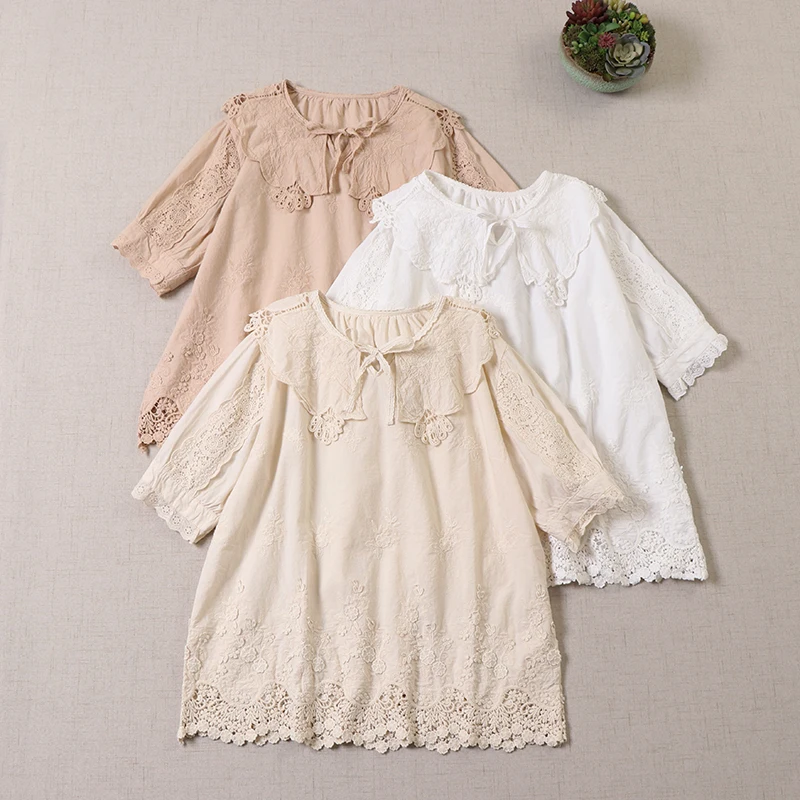 

Летняя Милая Однотонная рубашка Mori Series с цветочной вышивкой, Женские повседневные топы с коротким рукавом ML220502