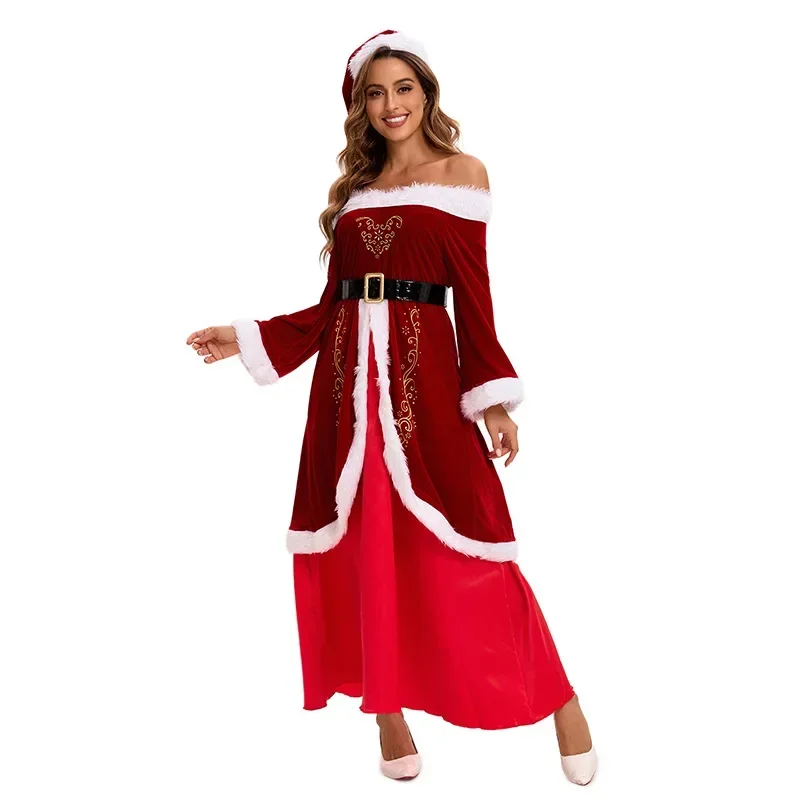 Santa Claus costumes Christmas Adult Women Deluxe Party Role Play Mrs Costume Long Dress Red Velvet