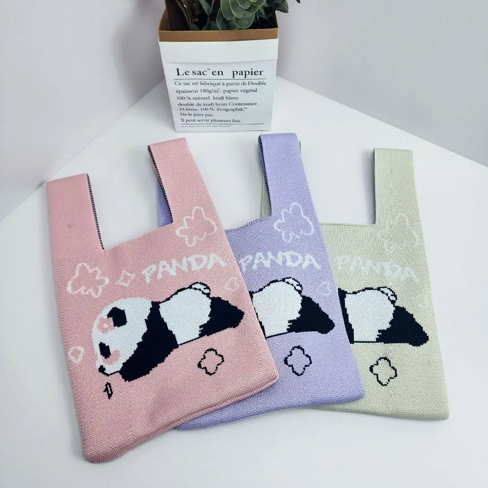 

Panda Knit Handbag Reusable Cartoon High-capacity Knot Wrist Bag Knit Tote Bag Student