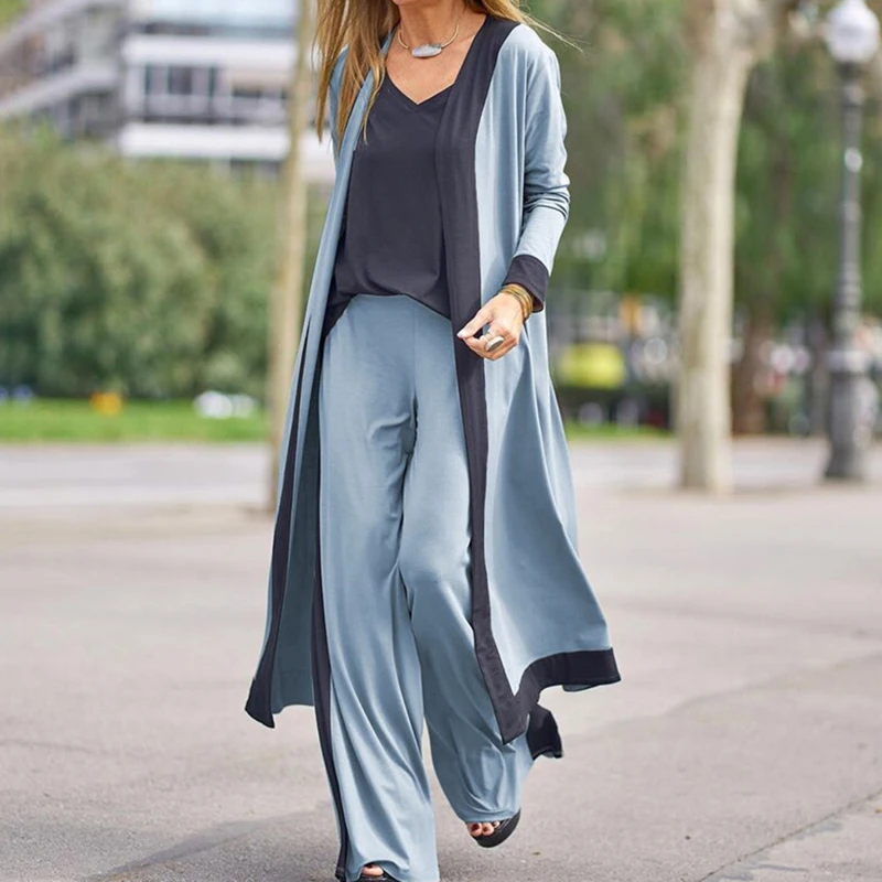 

Women Casual Sling Top Straight Trouser Long Cardigan 3Pcs Suit Solid Color Loose Wide Leg Pant Spring Autumn Streetwear 2022
