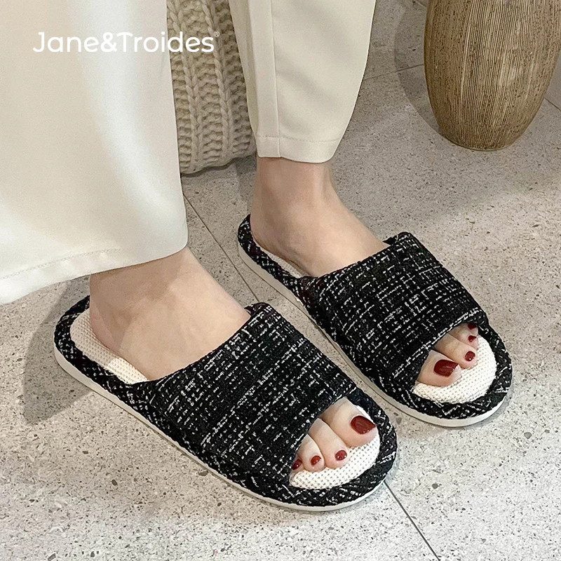

Женские льняные домашние тапочки Jane Troides, мягкие однотонные легкие удобные сандалии на плоской подошве, нескользящая обувь для весны и осен...