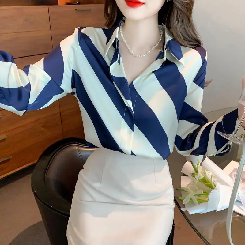 

Women's Long Sleeve Striped Shirt, Office Lady, Korean Fashion, Loose Casual Tops, Secretary's Professional Attire