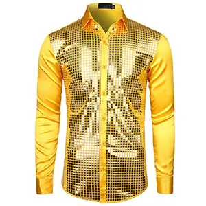 Мужская блестящая рубашка с длинными рукавами, шелковая блестящая рубашка с блестками для дискотеки, вечеринки, сценического танца, ночного клуба, выпускного вечера