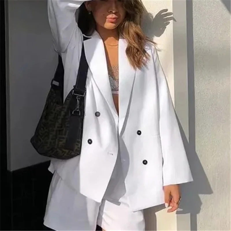 Simple White Blazer 2021 Women Bf Retro Double Breasted Solid Colors Casual Office Blazer Lady Fashion Mid-Length Jackets Wide