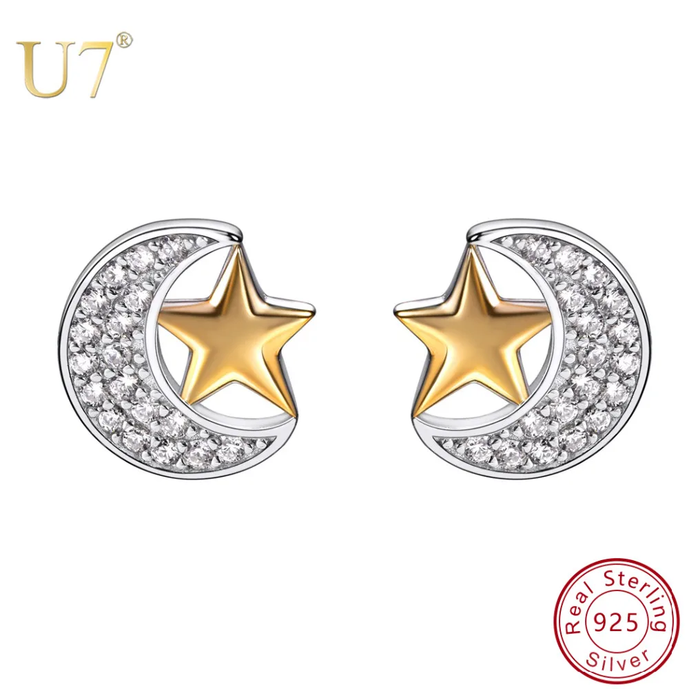 

U7 925 Sterling Silver Shiny Women Stud Earrings Sparkling CZ Moon & Star Shape Lovely Girls Dating Silver Earring Jewelry SC183