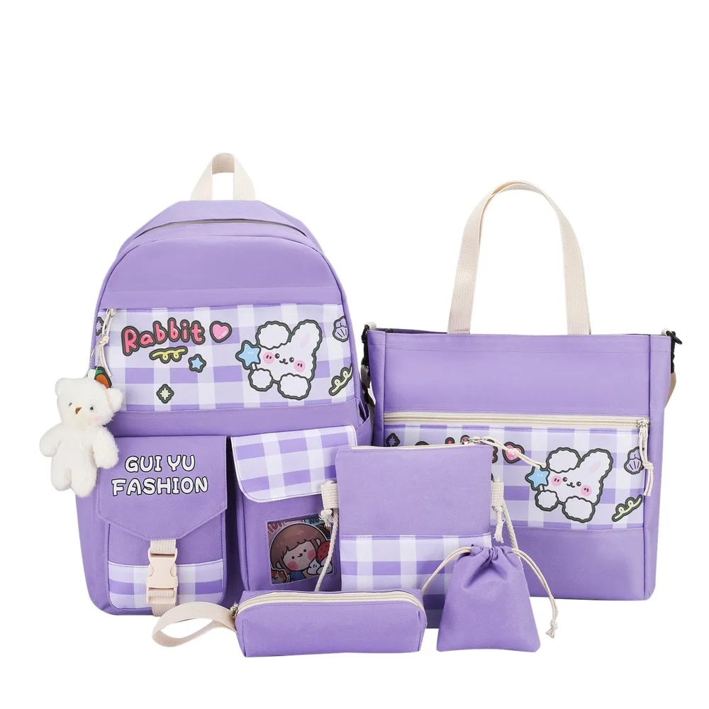 New Backpack Girl Student Schoolbag Lengai Cartoon Bag Five-piece Large-capacity Leisure Backpack Set School Bags