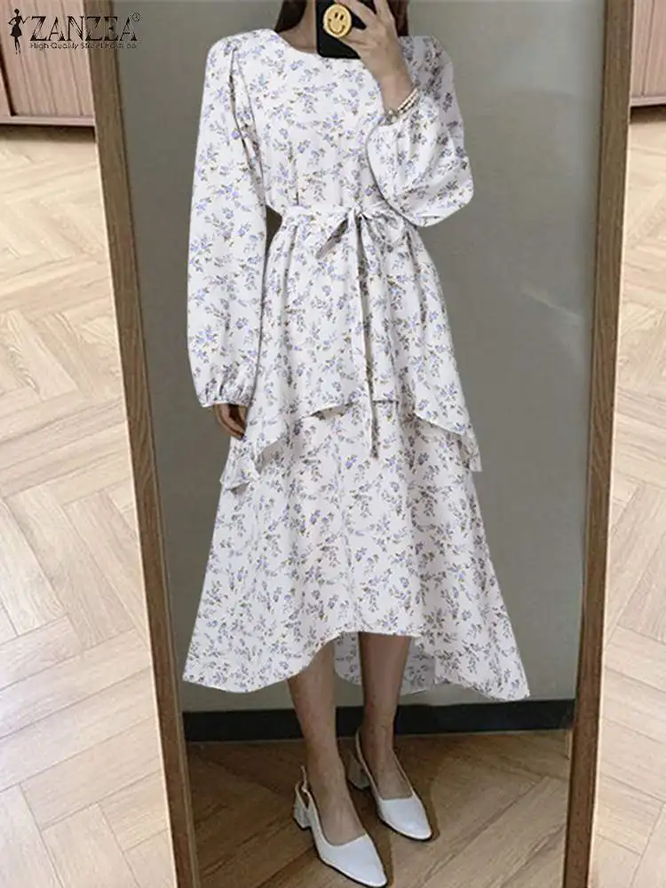 

Платье ZANZEA женское средней длины с цветочным принтом, модный элегантный сарафан с многослойным воланом и поясом, в Корейском стиле