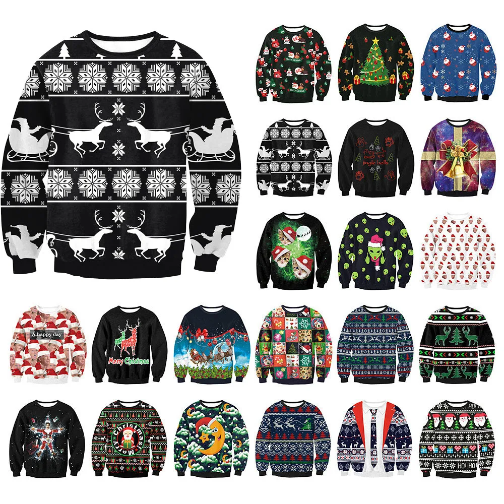 

Sled Reindeer Digital Printing Funny Men Women Ugly Christmas Sweater 2022 Autumn Holiday Festival Party Xmas Pullovers Jumpers