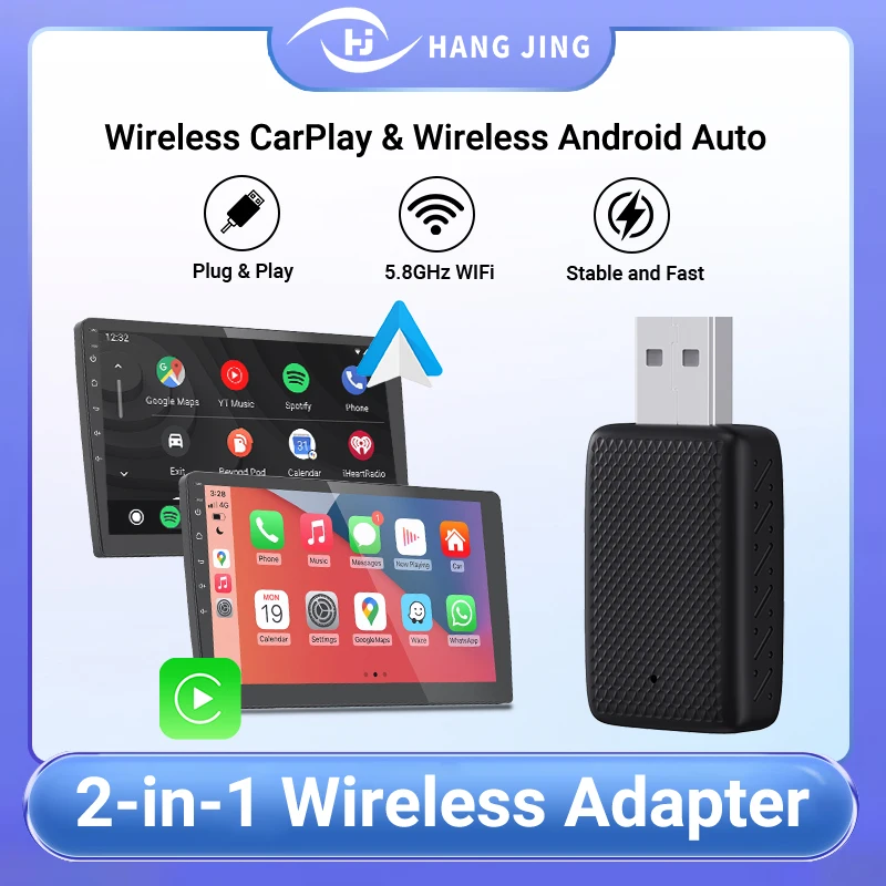 HANG JING Проводной к беспроводному адаптеру CarPlay 2в1 AI Box Plug and play Auto Connect Wireless Android для