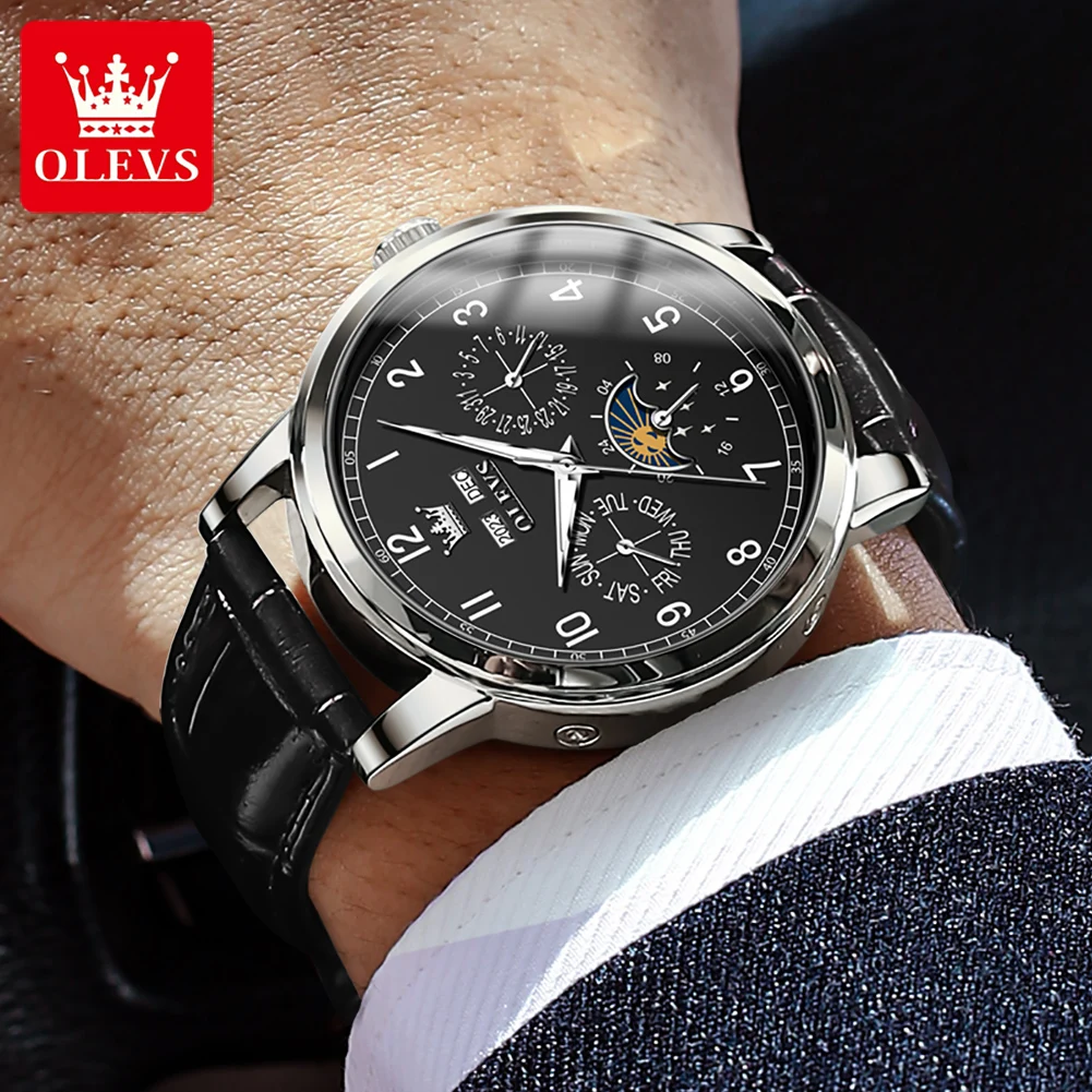 Мужские Водонепроницаемые механические часы с календарем и кожаным ремешком