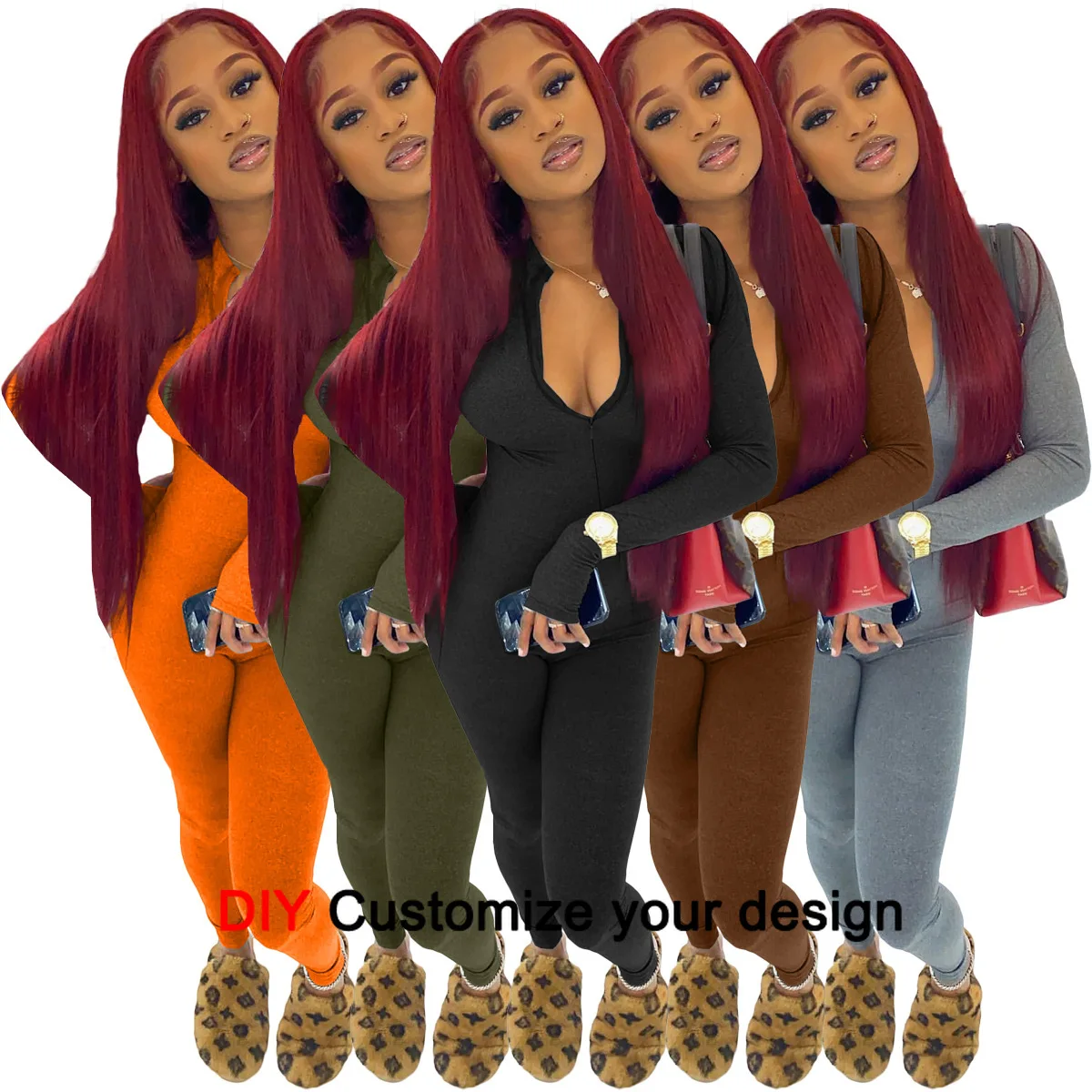 

Design Brand Logo/Picture Custom Sexy Faux Cotton Sports Jumpsuit Woman Sexy Zip Slim Fit Splice One Piece Romper Overalls