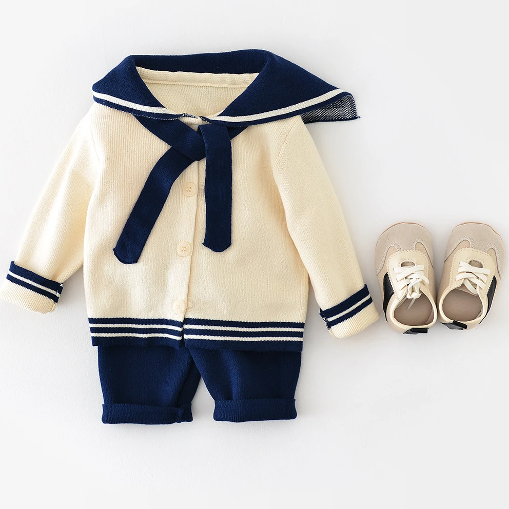 

Baby Sweater Korean Version of Preppy Style 0-3 Years Old Boys and Girls Baby Navy Sweater Cardigan Two-piece Children's Set
