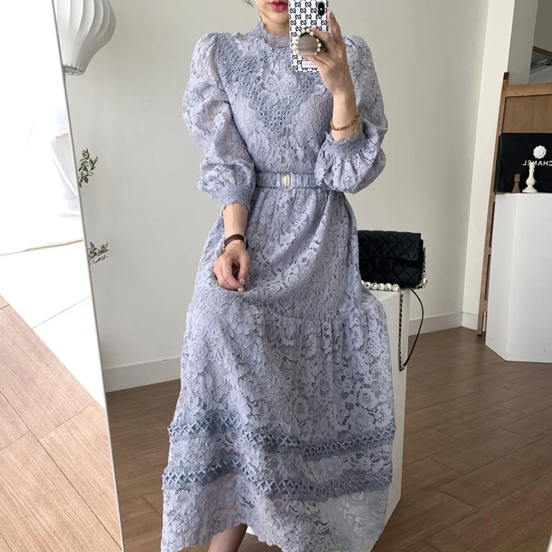 

Three Quarters Sleeve Court Style Elegant Women 2022 New Temperament Gathered Waist Sexy Lace Long Dresses With Belt