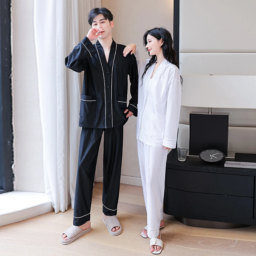 Spring Summer Ice Silk Pajamas For Couples Man Casual Loose Long Sleeve Buttons Pijama Breathable Comfortable Women's Sleepwear