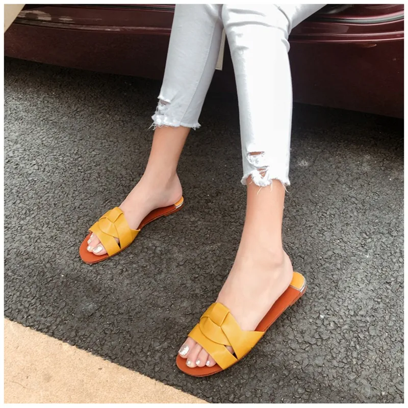 Women's Flat Bottom Sandals Summer New Leather Cross Decoration Flat-Heeled   Wine Red Lazy Slippers Zapados Mujer