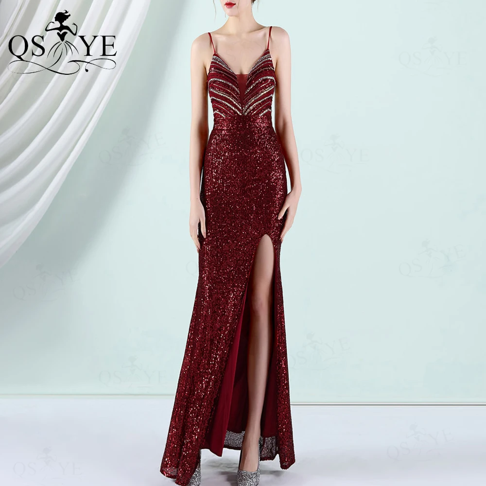 

QSYYE Burgundy Evening Dresses Spaghetti Straps Sequin Prom Gown V neck Women Chic Sexy Split Red Party Formal Dress Backless