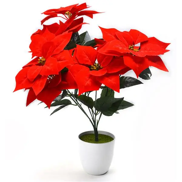 

7 heads Real Touch Flannel Artificial Christmas Flowers Red Poinsettia Bushes Bouquets Xmas Tree Ornaments Centerpiece