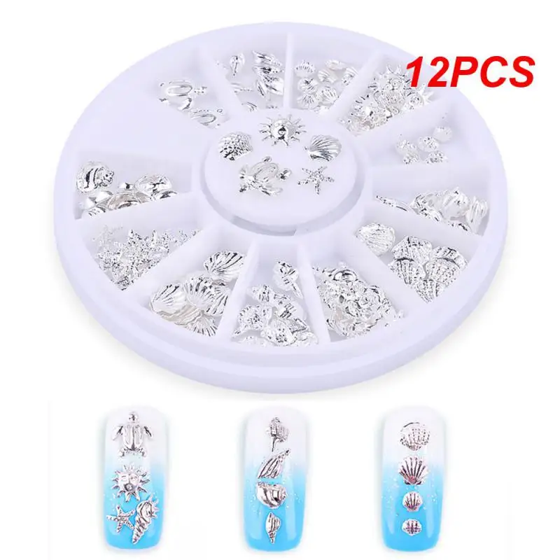 

12PCS Girds Silver Metal Nail Studs Mixed Ocean Sea Shell/Conch/Starfish 3d Metallic Slice Flakes Nail Art Decorations In