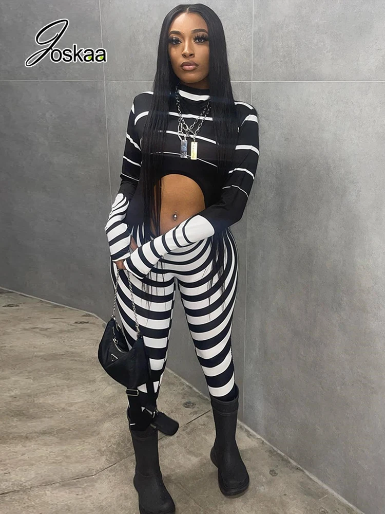 Joskaa Black White Stripe Hollow-out Long Sleeve Trend Jumpsuit Women 2022 Fashion Fitness Sports Bodycon Romper Sexy Streetwear