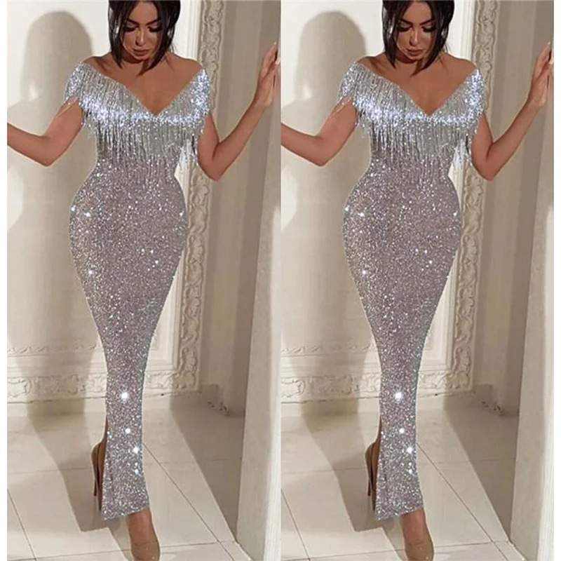 2022 New Spring And Autumn Women Sexy Elegant Party Dresses Long Skirt V-neck Split Silver Dress Luxurious Banquet Evening Dress