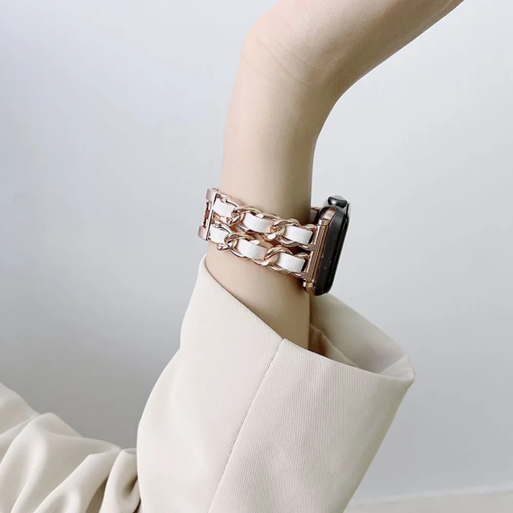 Women Gold Wristband for Apple Watch Band 8 Ultra 49mm 7 SE 6 5 4 3 41mm 45mm 38/42mm 44 40mm Strap Lady Metal Leather Bracelet