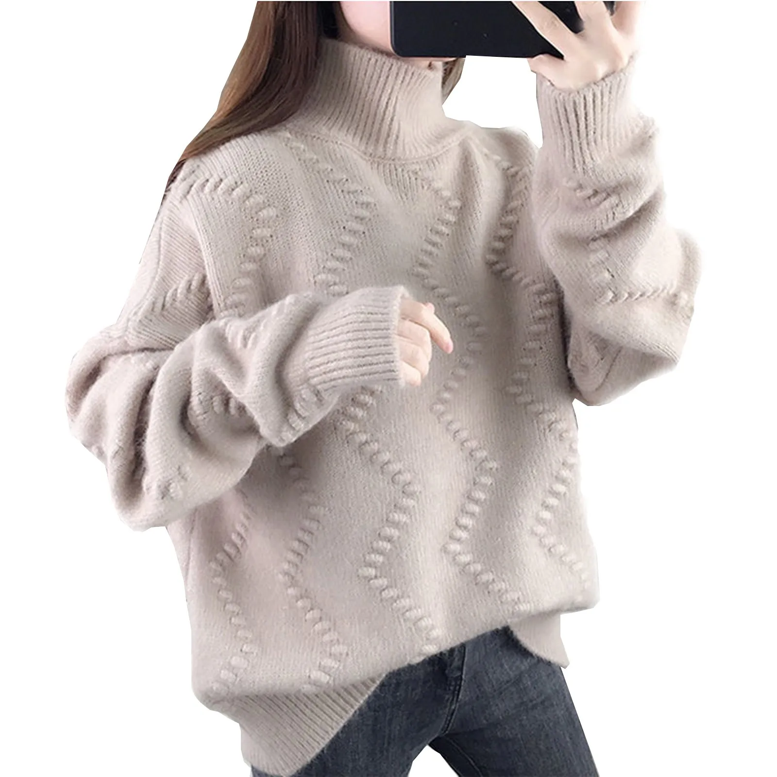 

Модный шерстяной свитер, Женский пуловер с высоким воротником, Свободный вязаный Повседневный свитер с длинным рукавом, модный кашемировый свитер на осень и зиму