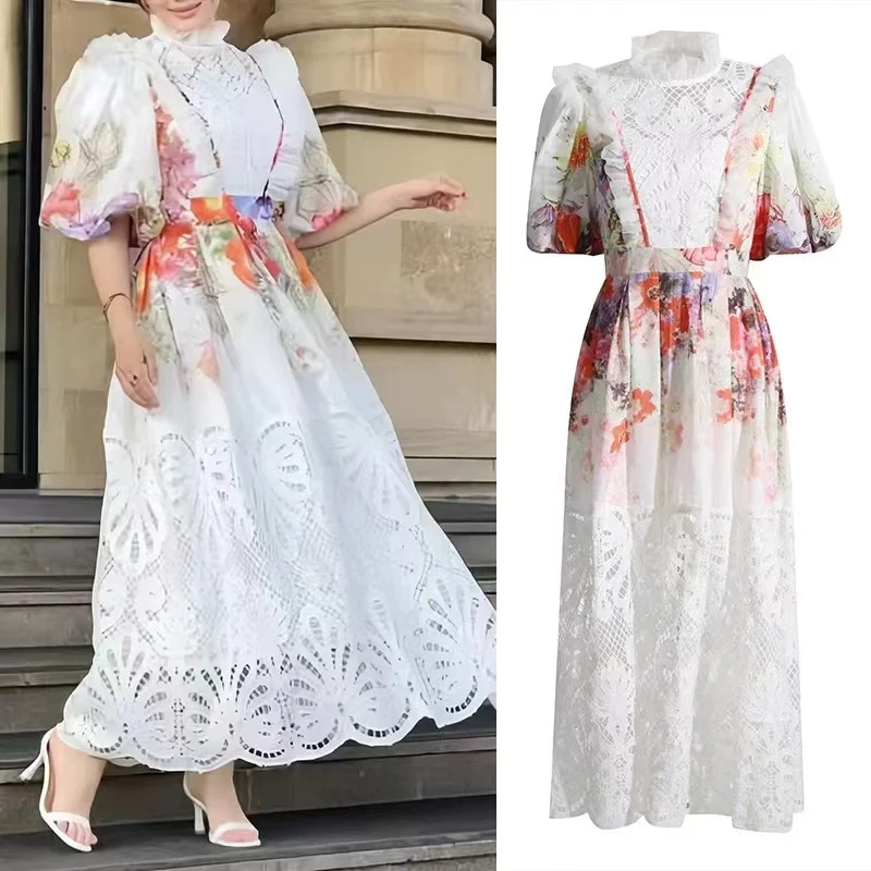 

Женское кружевное ажурное платье, белое винтажное длинное платье с рукавами-фонариками, воротником-стойкой и цветочными оборками, подиумное элегантное осеннее платье
