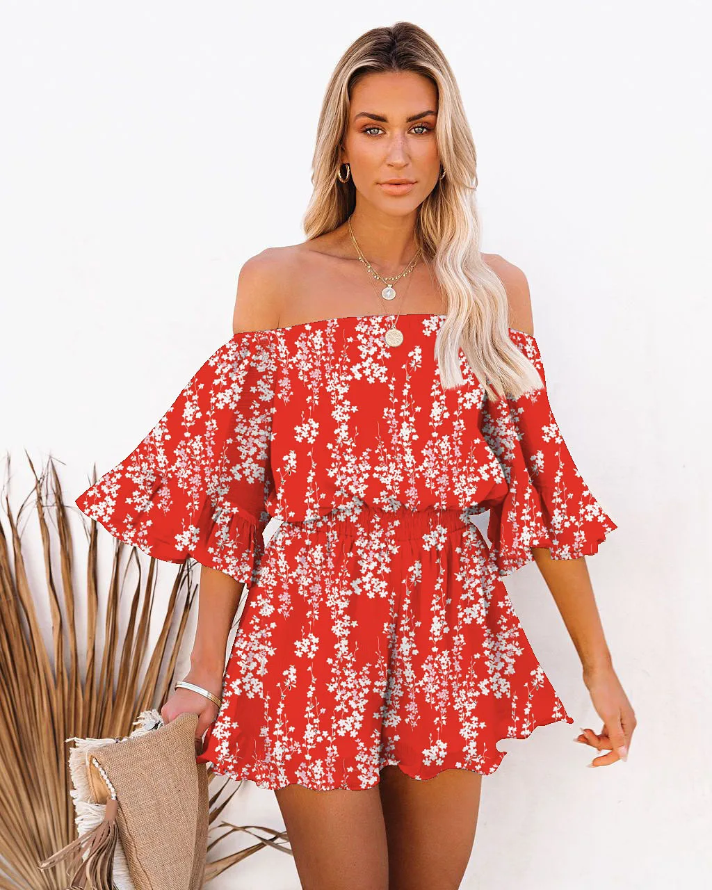 Women's Chiffon jumpsuit Ruffle Sleeve Off Shoulder Solid Elastic Waist Loose Sexy Boho Slash Neck Elegant Beach Playsuits