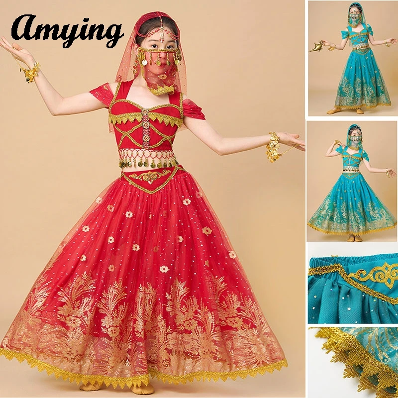 Наряд для танца живота топ с короткими рукавами + платье костюм девочек одежда