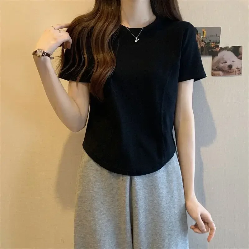 Лето 2024 новая женская облегающая футболка с короткими рукавами и круглым вырезом