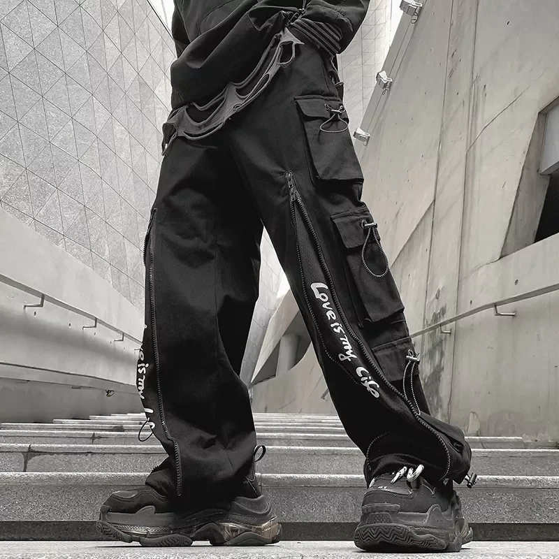 

New Harem Joggers Harajuku Sweatpant Male Hip Hop Trousers Men Ribbons Color Block Black Pocket Cargo Pants