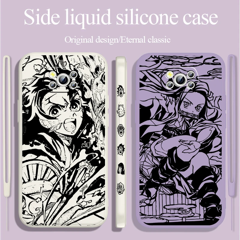 

Demon Slayer Tanjirou Cool Liquid Left Rope Phone Case For Xiaomi Poco X5 X4 X3 NFC F4 F3 GT M5s M4 M3 Pro C55 C50 5G Cover Capa