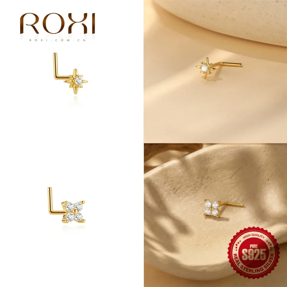 Фото ROXI 1 шт. Серебряные серьги-гвоздики 925 пробы с блестящими цирконами, в форме цветка и октаграммы, для пирсинга, женский аксессуар для повседневной носки, банкетов и свиданий №1