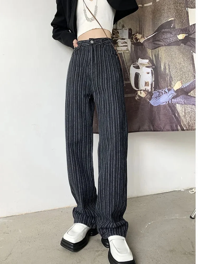 

QWEEK Korean Fashion Striped Black Jeans Women Oversized 90s Vintage Jacquard Denim Pants Female Retro Casual Wide Leg Trousers