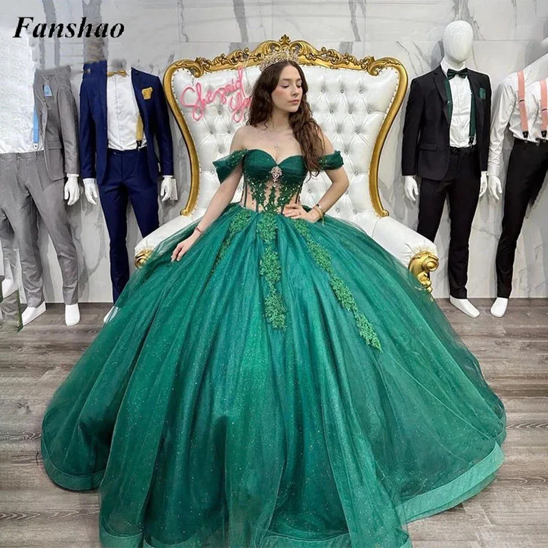 

Женское платье с открытыми плечами Fanshao wd242, бальное платье с цветочной аппликацией и кристаллами, милое платье на шнуровке для дня рождения, 16