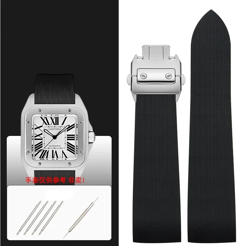 Фото Резиновый водонепроницаемый ремешок для часов 25 мм, подходит для Cartier Santos 100 W2020007, силиконовый ремешок, серебристо-золотая складная застежка, черный браслет №1