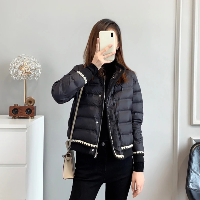 Thick Warm Snow Parkas Winter Female White Duck Down Coats Women Stand Collar Zipper Lace Solid Color Jackets Short Outerwear