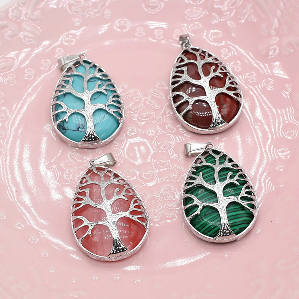 

Drop Shaped Natural Stone Rose Quartz Amethysts Green Aventurine Pendant Silver Color Tree Of Life Reiki Jewelry Necklace Making
