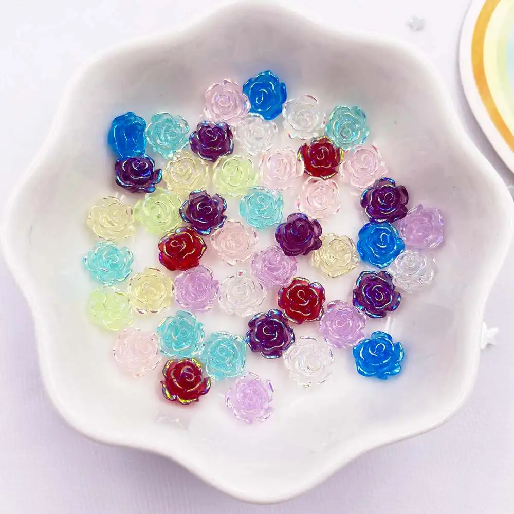 

50Pcs 6mm / 8mm AB Resin Glitter Rose Flatback Flower Rhinestone Gem Scrapbook Figurines Ornament Applique Crafts DIY Nail Art