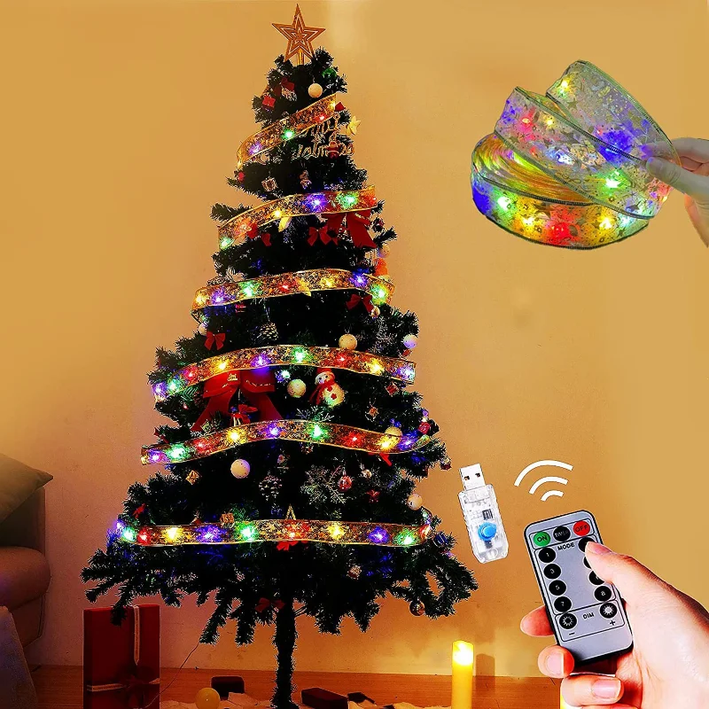 

5M 10M Christmas Ribbon USB Remote Fairy Lights Strings LED Bows Garland Christmas Tree Ornaments New Year Navidad Home Decor