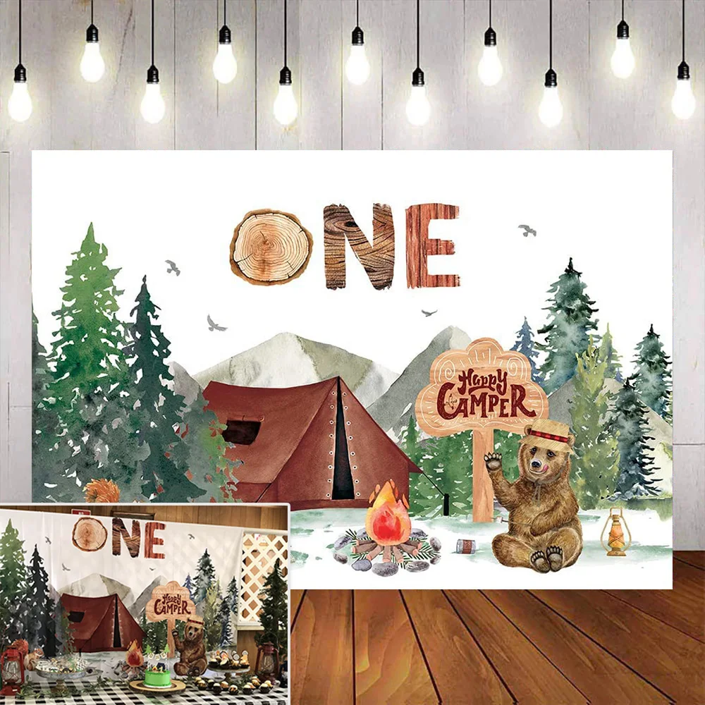 

Camping Theme Camper Adventure Boy Party Backdrop Wild One Forest Woodland Tent 1st First Birthday Baby Shower Background Banner