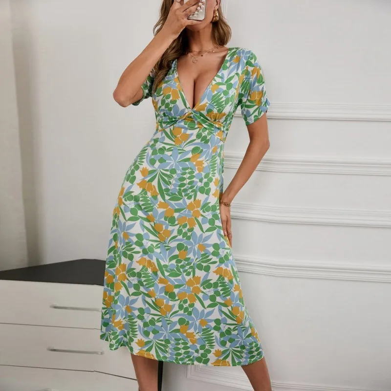 

Женское ТРАПЕЦИЕВИДНОЕ ПЛАТЬЕ С V-образным вырезом, длинное платье из вискозы с коротким рукавом и высокой талией, Привлекательное элегантн...