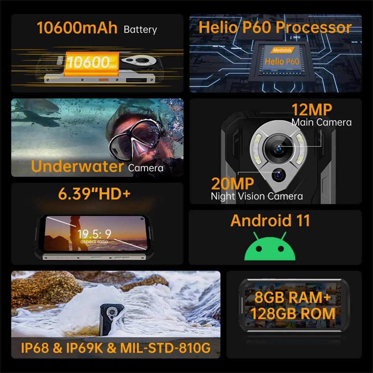 Oukitel WP16 Rugged Smartphone 8GB 128GB Android 11 NFC Mobile Phone Large Battery 10600mAh Octa Core 20MP Camera CellPhone