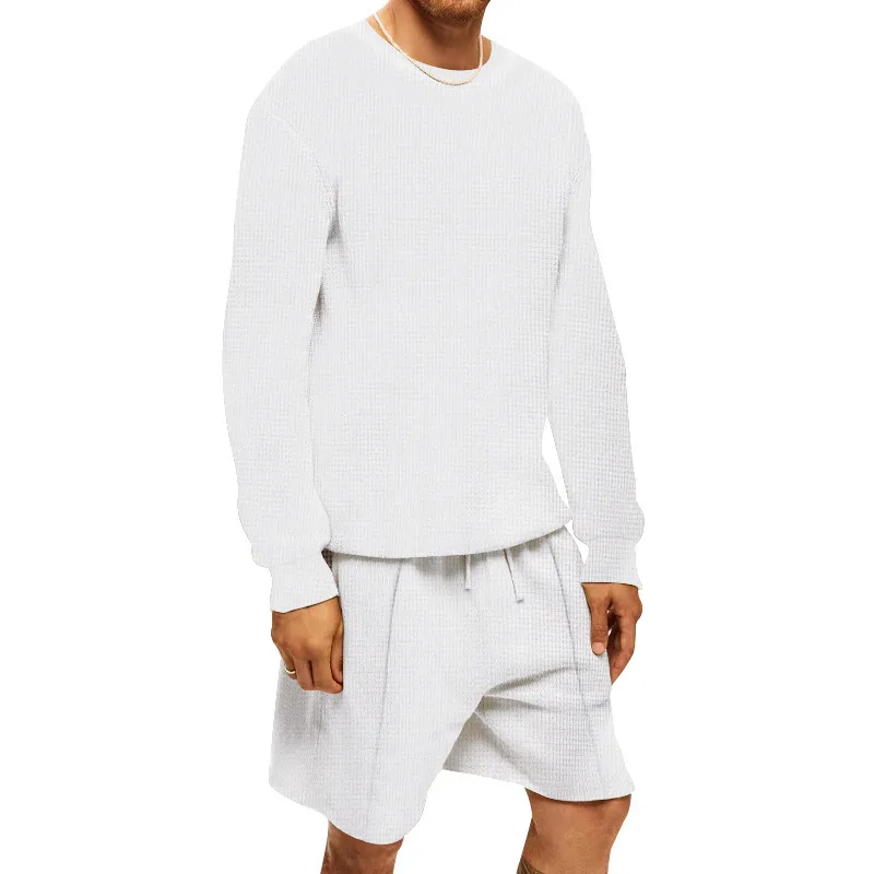 

European and American style men's casual sports suit gorgeous waffle long-sleeved T-shirt shorts two-piece set