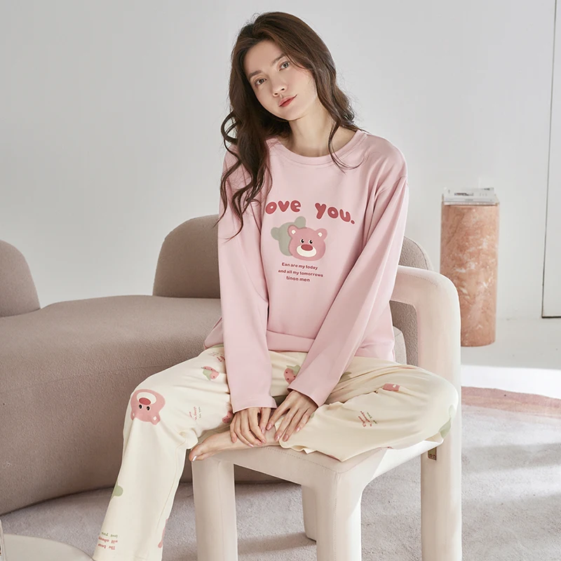 Весенняя и Осенняя пижама из 100% хлопка Женский Повседневный пижамный комплект с